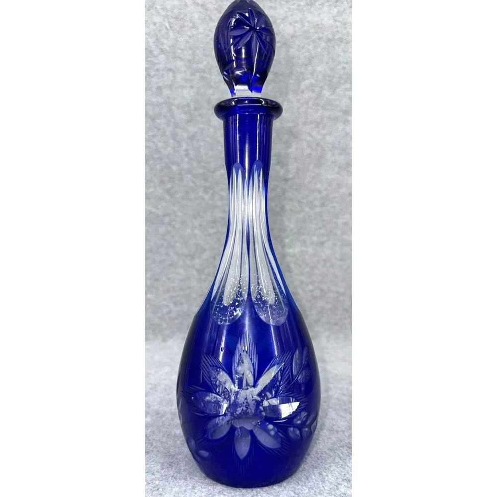 Vintage Bohemian Cobalt Blue Cut Glass Decanter w Stopper & Matching Cordial Gla